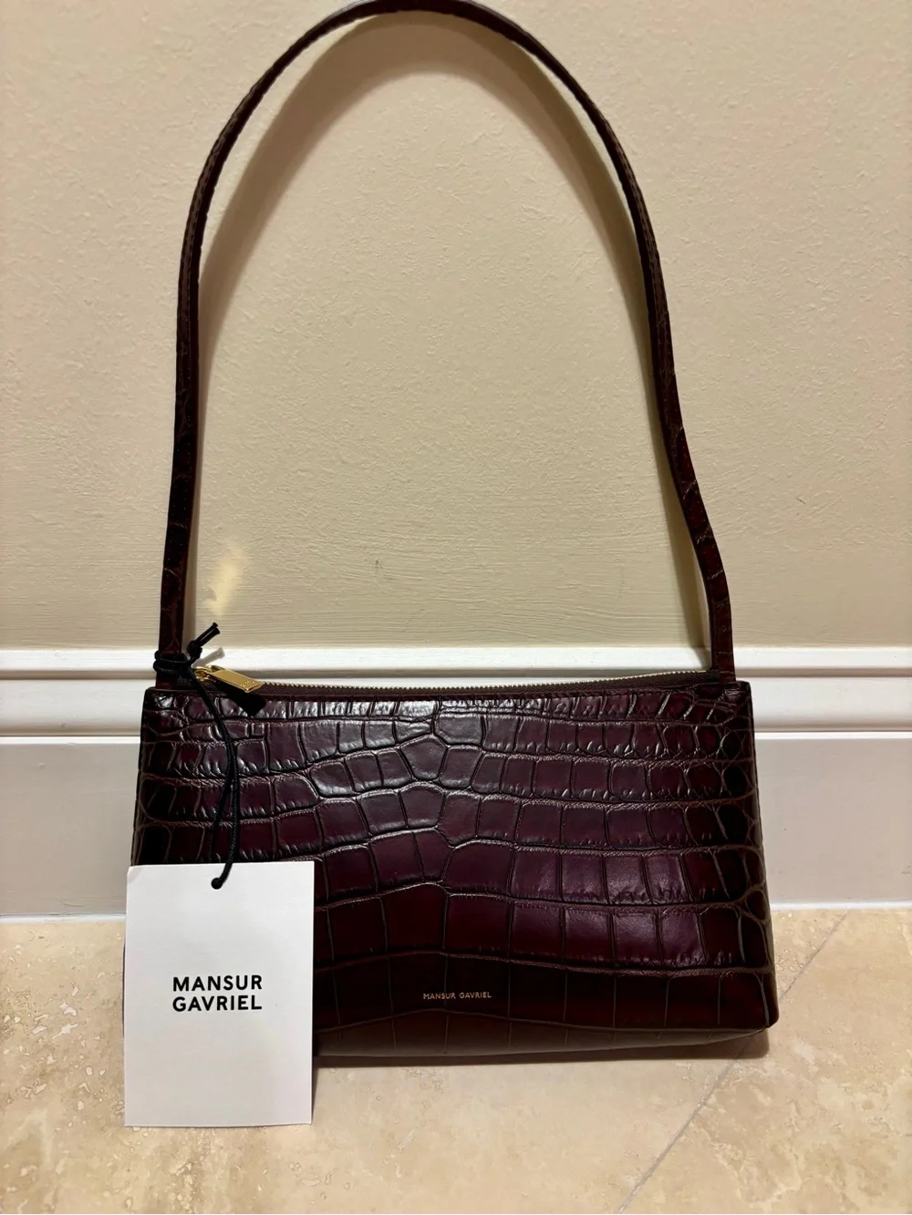 Mansur Gavriel Croc-Embossed Shoulder Bag in Dark Brown